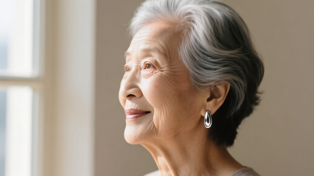 Side profile of an elderly woman wearing lightweight titanium leverback earrings, smiling softly in natural window light, detailed