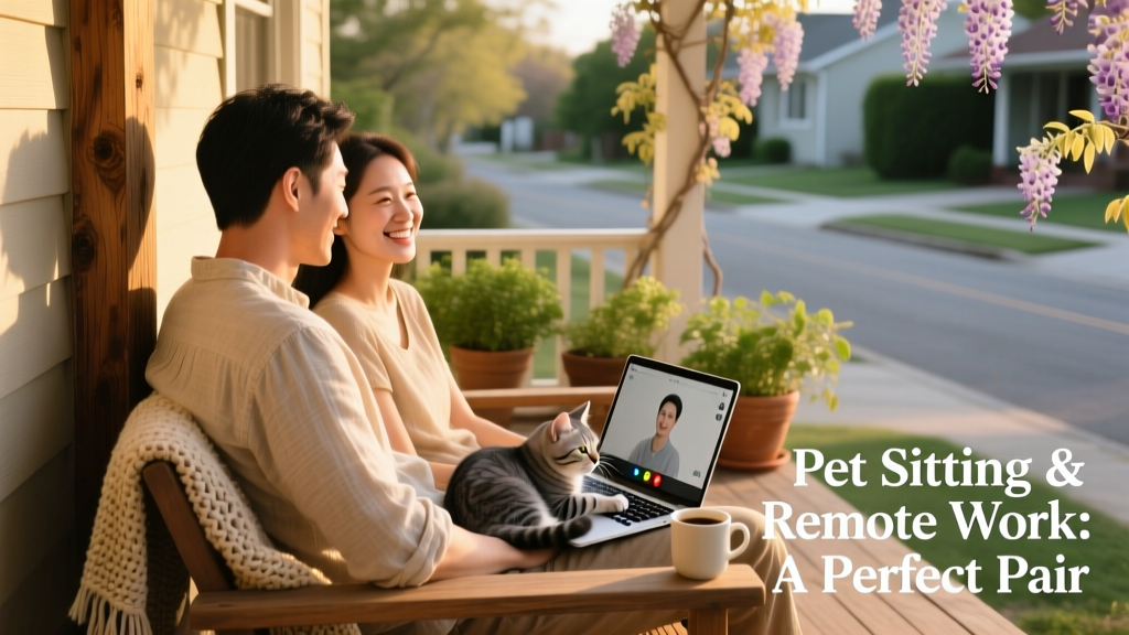 Couple relaxing on a porch with a cat and laptop, blending work and companionship