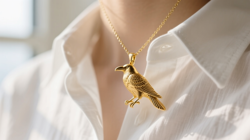 Macro shot of an 18k gold raven pendant on a 1mm rolo chain, draped elegantly over a crisp white linen button-down shirt collar.