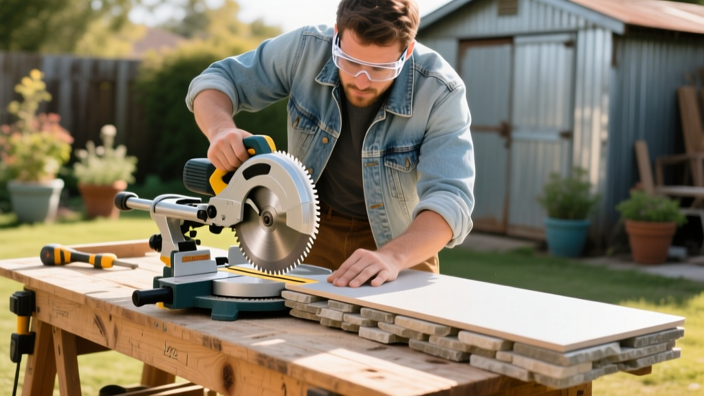 DIYer using a miter saw with a fine-tooth blade to cut a polyurethane GenStone stacked stone veneer panel on a wooden workbench outside