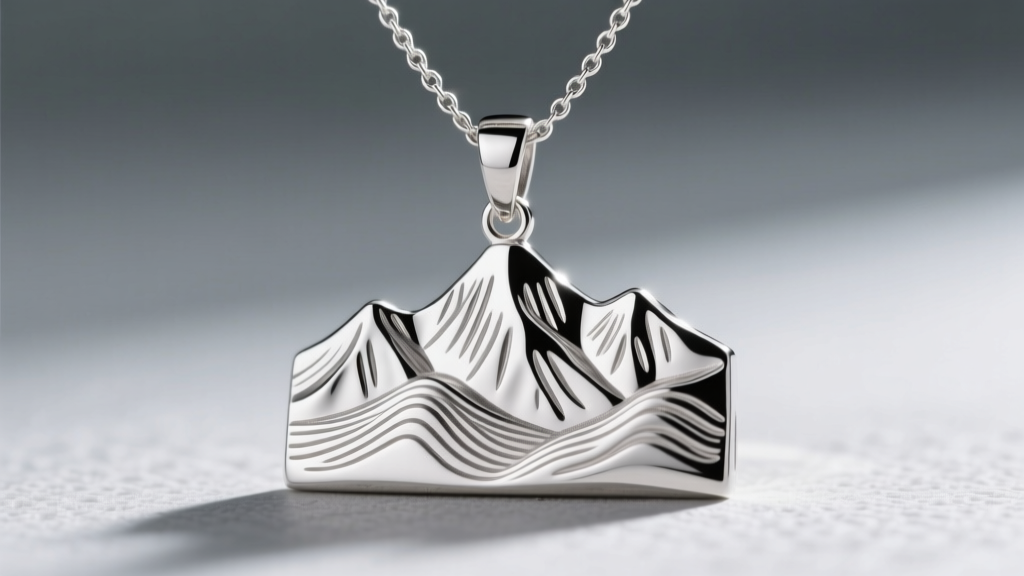 Macro shot of argentium silver topographical mountain pendant on a 1mm rolo chain, showing intricate ridge details and high polish
