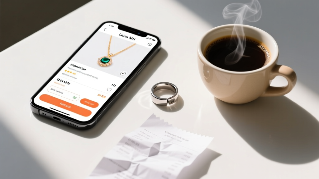 Overhead view of smartphone showing jewelry checkout page next to a titanium clicker ring, a paper receipt, and a cup of coffee.
