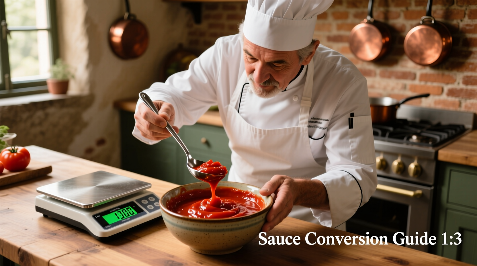 Chef measuring tomato paste for sauce conversion