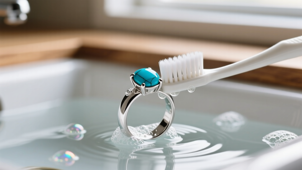 Macro shot of a soft toothbrush gently scrubbing a sterling silver ring set with a blue turquoise stone in mild soapy water