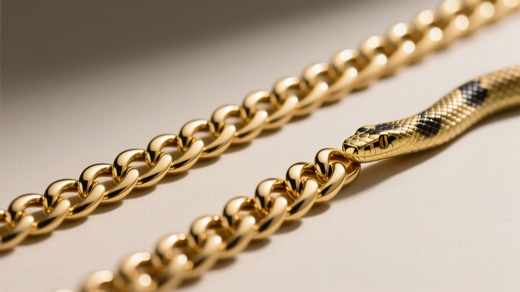 Macro comparison of a fine gold curb chain and a snake chain, highlighting the snag-free profile of the flat curb link style.