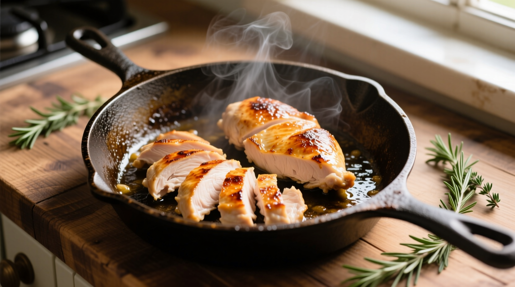 Thin sliced chicken breast cooking in skillet