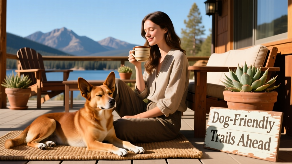 A woman enjoying coffee on a sunny patio with her relaxed dog beside her