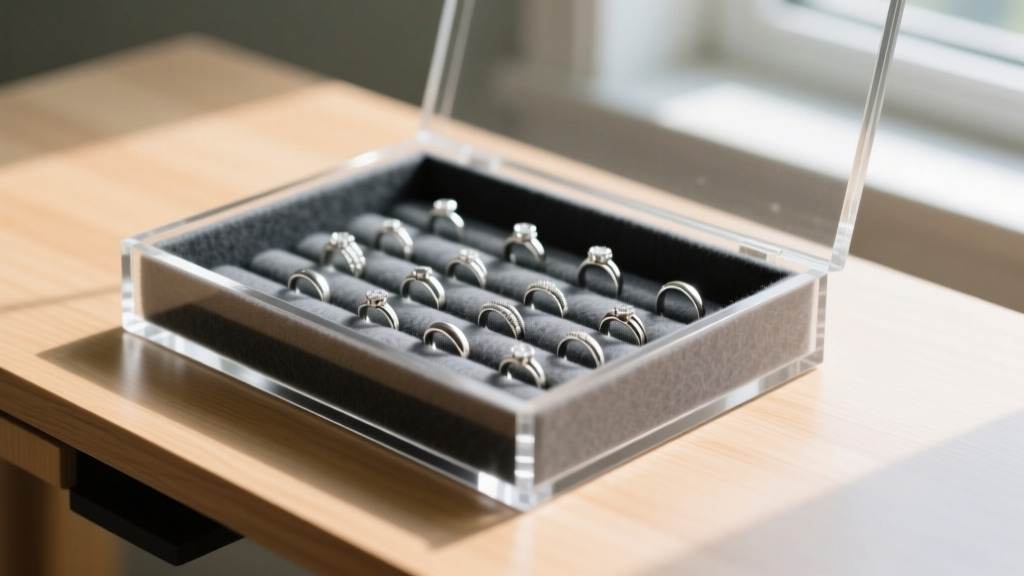 Clear acrylic Dollar Tree jewelry organizer modified with dark grey anti-tarnish felt lining, holding silver rings on wood desk