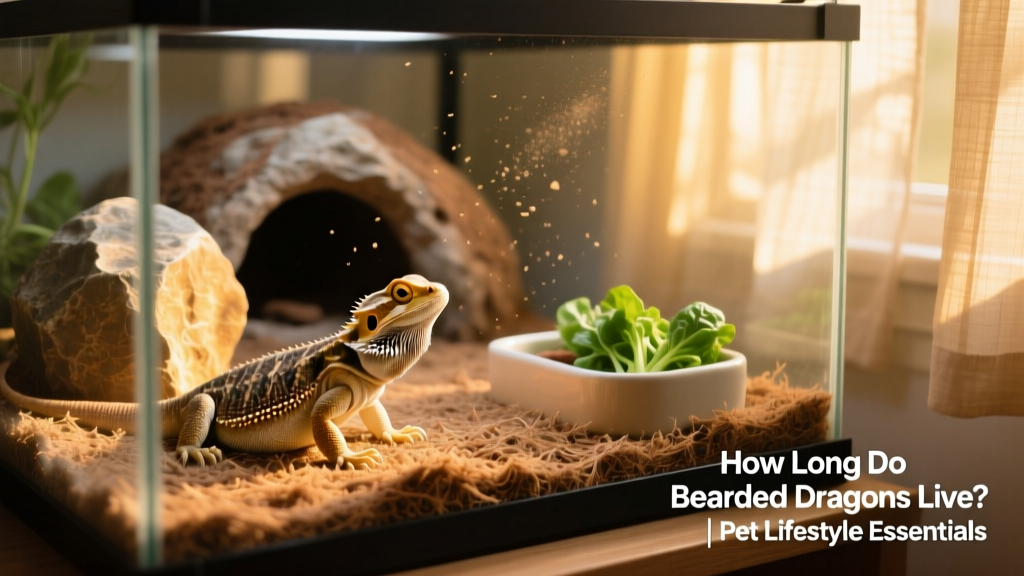Well-organized bearded dragon habitat with basking rock, hideout, feeding dish, and clean substrate