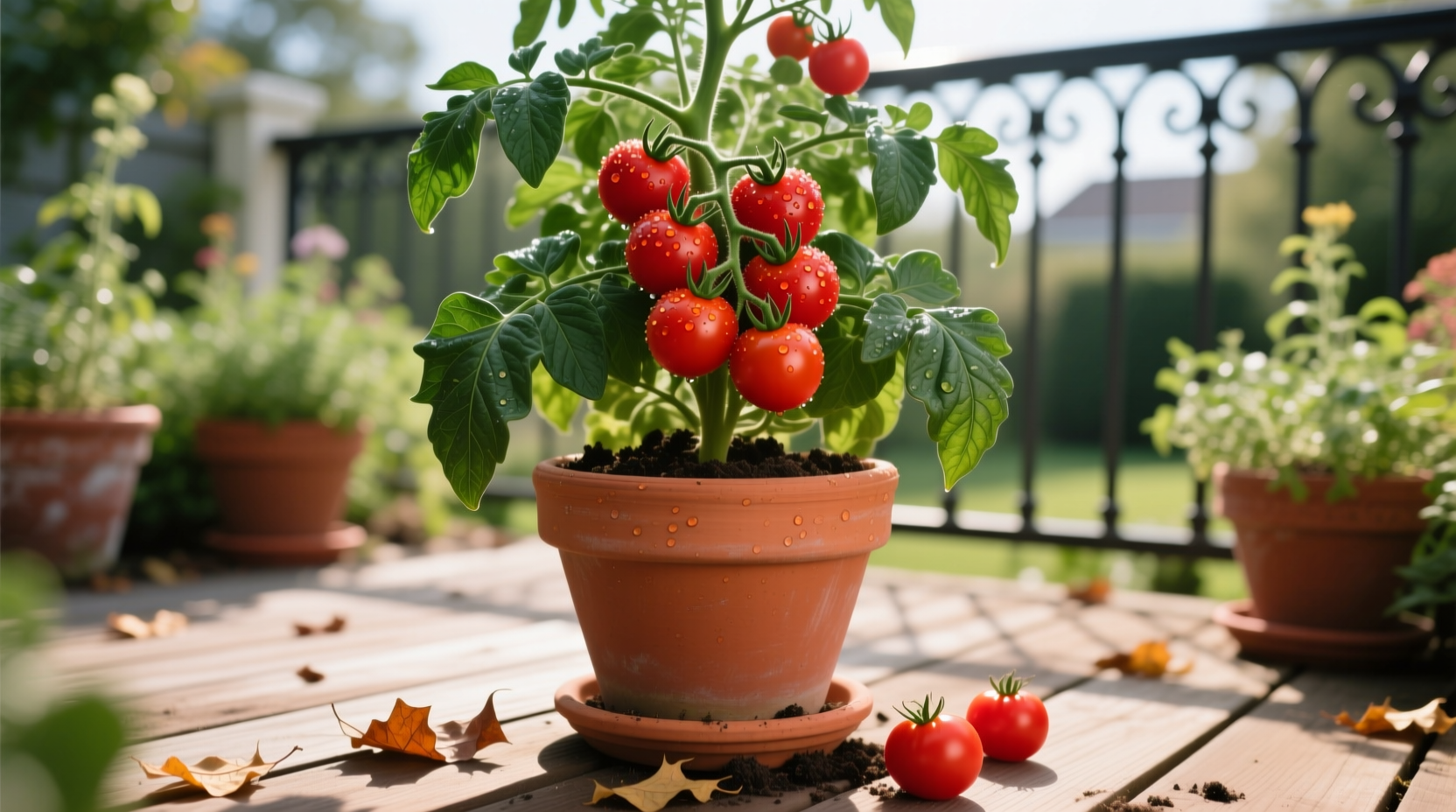Red Robin tomato plant growing in container on patio