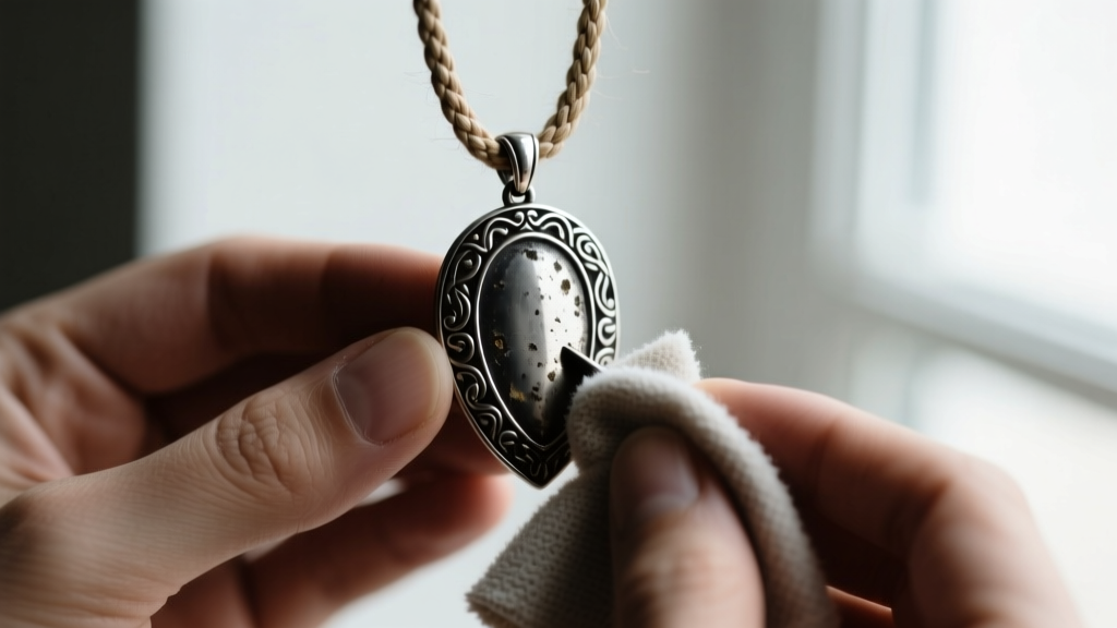 Hands cleaning a darkened recycled silver pendant with a soft cloth, while the attached woven cord remains untouched and pristine.