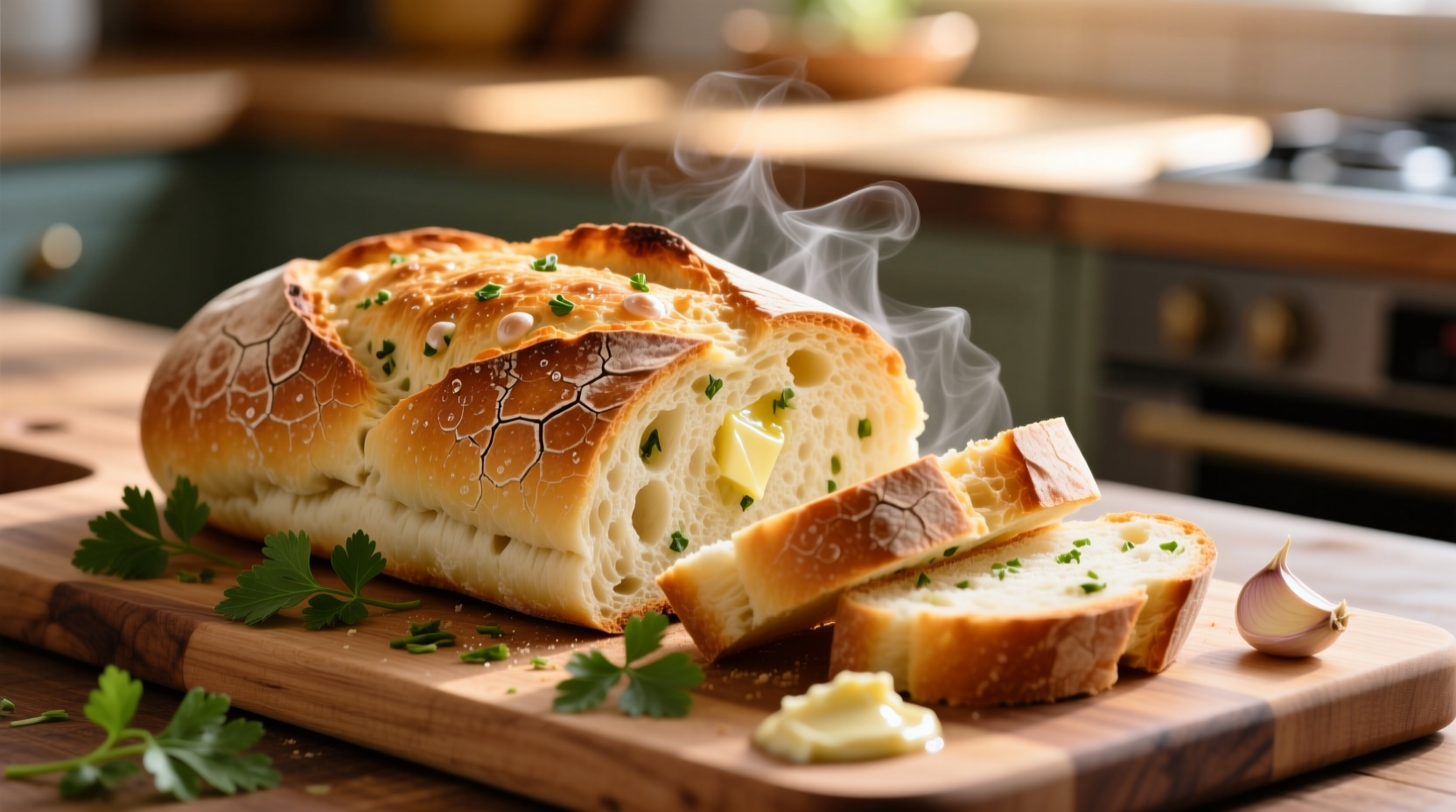 Freshly baked garlic bread with golden crust