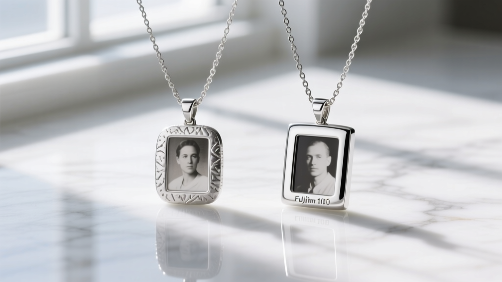 Macro shot comparing raw silver and a rhodium-plated engraved photo necklace side-by-side on a bright white marble surface.