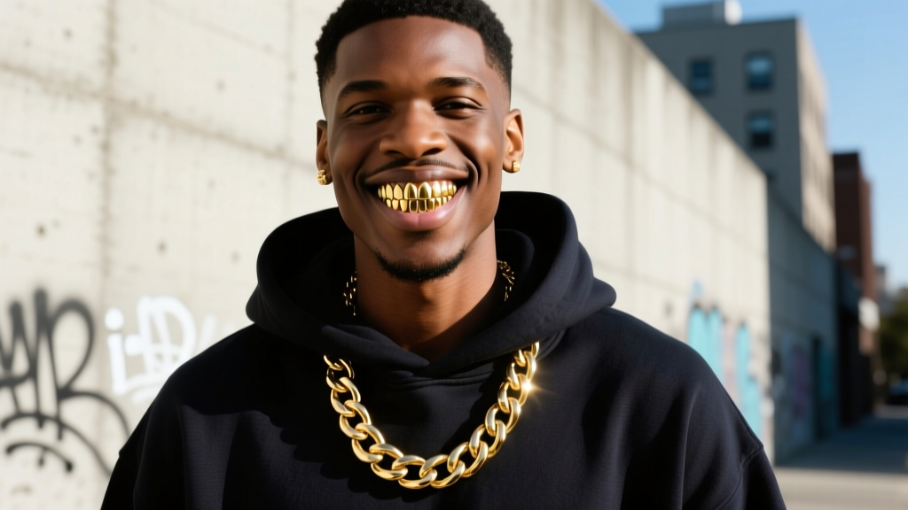 Urban fashion portrait of a model wearing a 6-tooth gold front grill paired with a thick Cuban link chain and dark hoodie