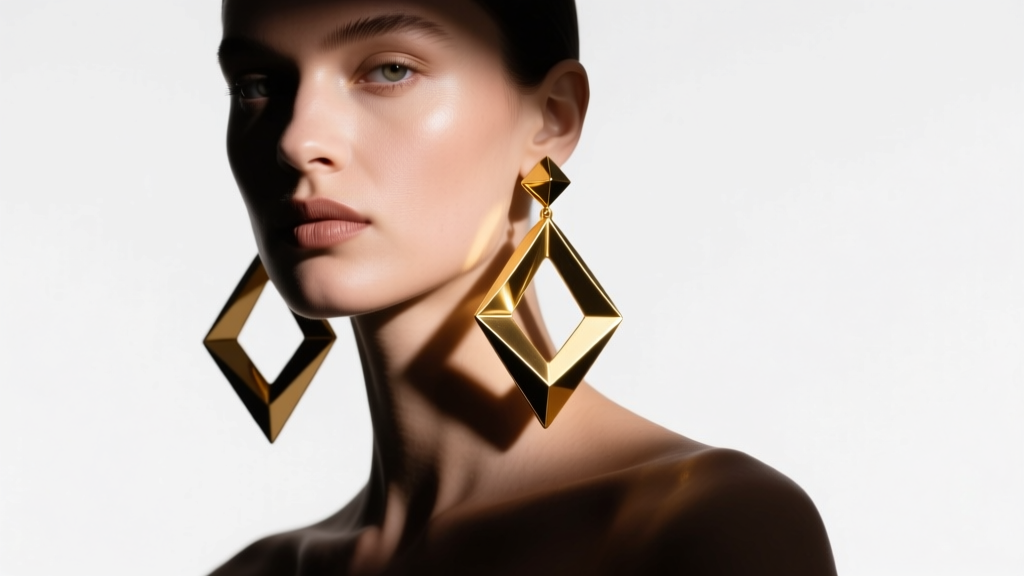 Editorial shot of a model wearing oversized hollow 18k gold geometric drop earrings, dramatic studio lighting, 2026 runway style