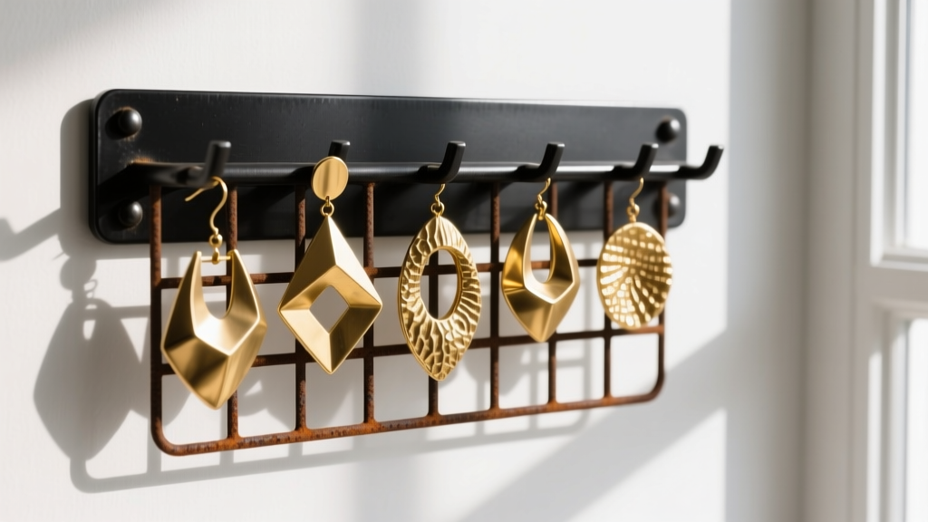 Black metal wall hanging earring holder with heavy brass statement earrings on a rust-resistant grid against a white wall.