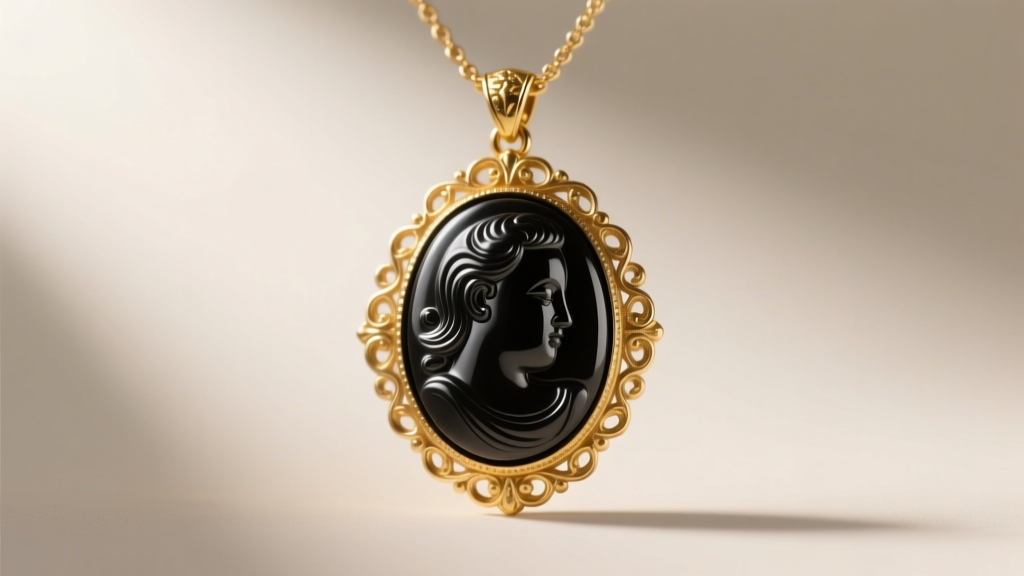 Antique black basalt Wedgwood cameo pendant necklace with a textured gold bezel, illuminated by soft directional light