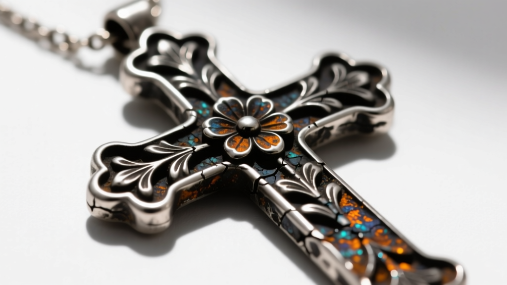 Macro photography of a heavily oxidized coin silver old cross necklace showing dark sulfur tarnish in the engraved floral crevices
