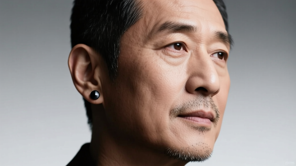 Portrait of a man wearing a single 4mm matte black titanium stud earring in his left lobe, soft studio lighting