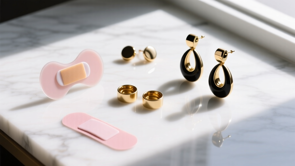 Overhead flat lay of medical-grade adhesive earlobe patches, large silicone earring backs, and heavy statement drop earrings on marble