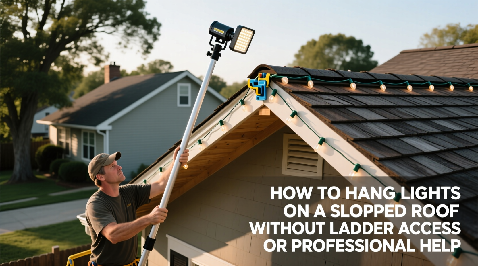 how to hang lights on a sloped roof without ladder access or professional help