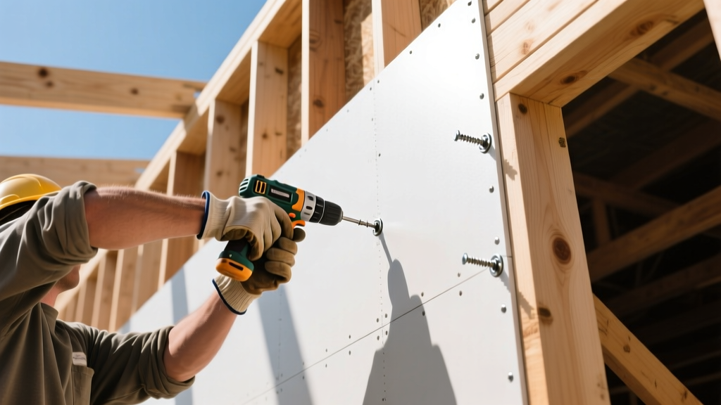Workers installing fiberglass-mat gypsum board sheathing on a commercial wood-framed exterior wall using specialized galvanized screws