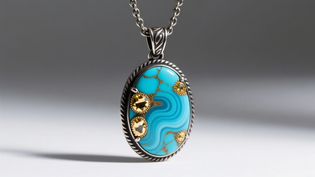 Polished Kingman turquoise pendant on oxidized silver chain, showing golden pyrite inclusions and vivid blue matrix patterns.