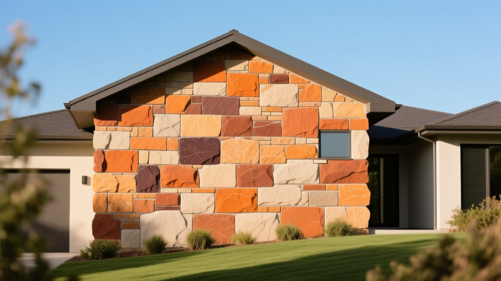 Modern craftsman home exterior featuring a warm multi-colored fieldstone stone veneer accent wall extending to the gable