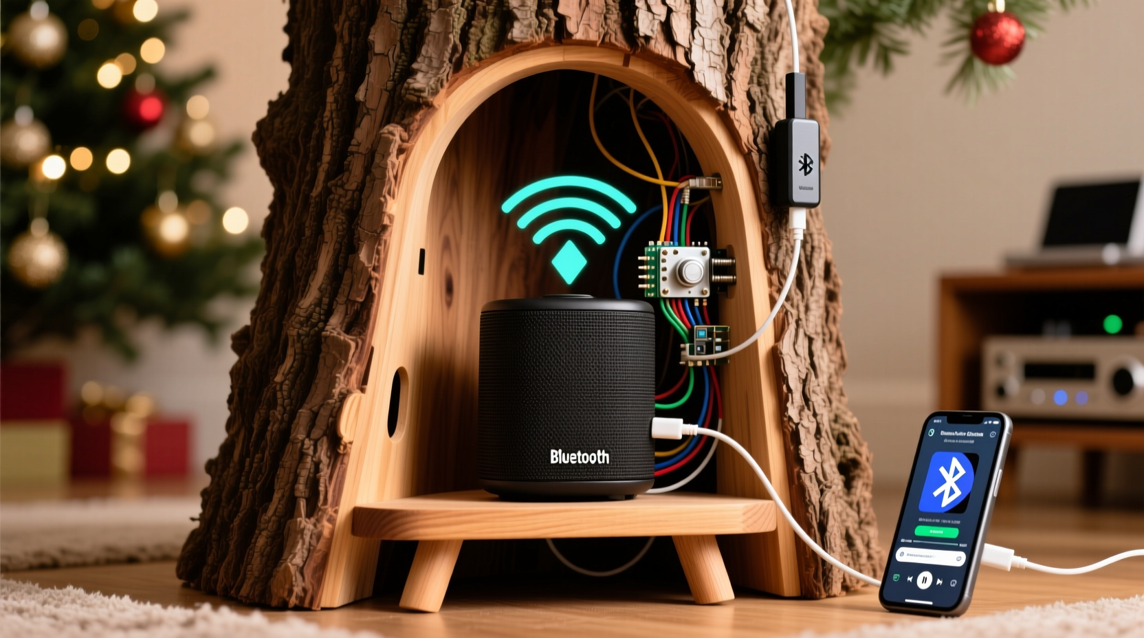 why does my bluetooth speaker stop playing holiday playlists when placed inside a wooden tree stand