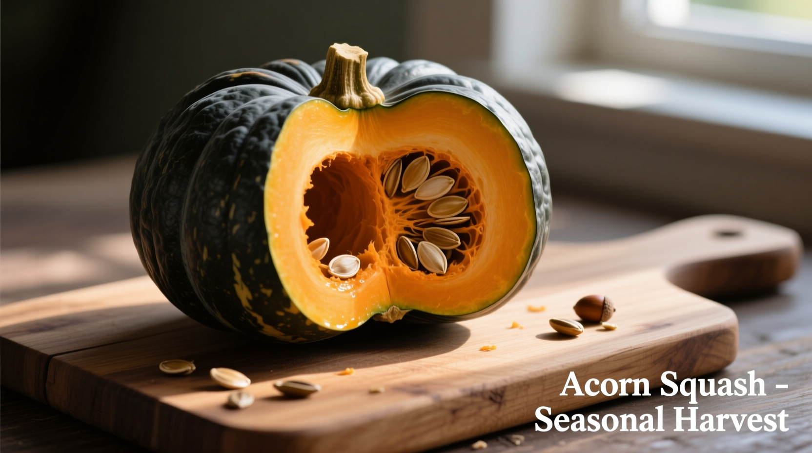 Halved acorn squash on cutting board with seeds removed