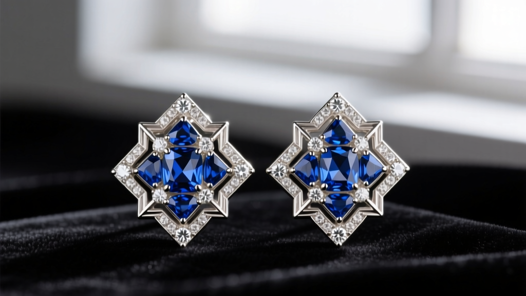 Macro shot of Art Deco platinum earrings with calibré-cut blue sapphires and old European diamonds on dark velvet