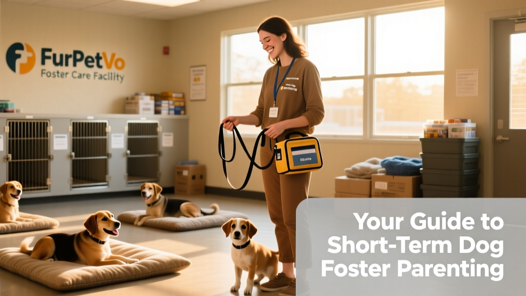 A volunteer handing a leash and supply kit to a smiling new foster parent at a FurPetVo facility