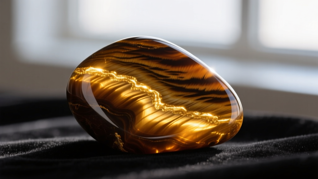 Macro photo of raw tigers eye stone displaying sharp, parallel fibrous inclusions and a bright band of reflected golden light.