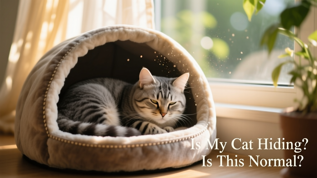 A cat curled up peacefully in a plush, enclosed cat cave next to a sunny window
