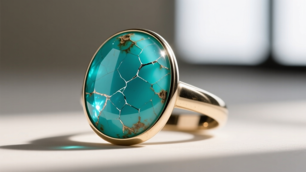 Macro photo of a turquoise cabochon ring showing micro-fractures and color fading caused by harsh alkaline ammonia cleaners.