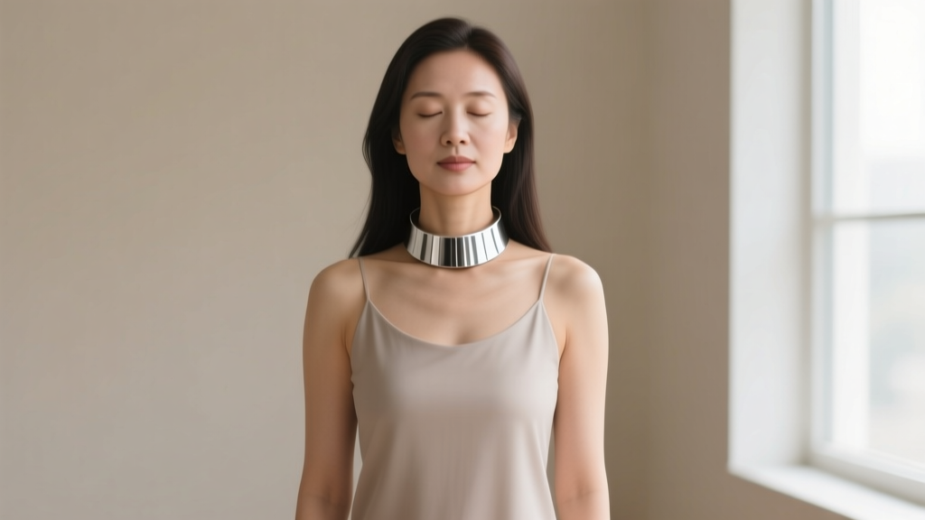 Woman wearing a silver cylindrical breathing necklace, eyes closed, demonstrating upright posture for vagus nerve activation