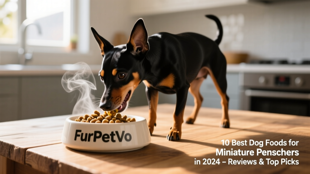 Miniature Pinscher happily eating from a FurPetVo ceramic bowl, with a clear view of kibble texture and visible steam rising from a fresh meal