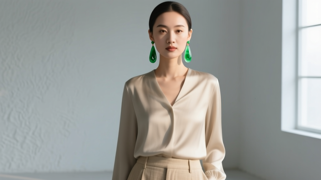 Woman with a round face wearing long narrow teardrop nephrite jade dangles, soft natural light highlighting the waxy green luster