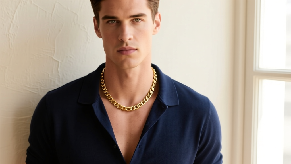 Male model wearing an unbuttoned navy polo shirt showcasing a 4mm Cuban link necklace resting perfectly on the upper chest skin.