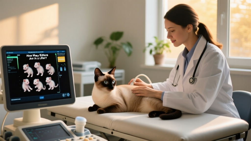 Veterinarian performing an ultrasound on a pregnant cat lying comfortably on an exam table