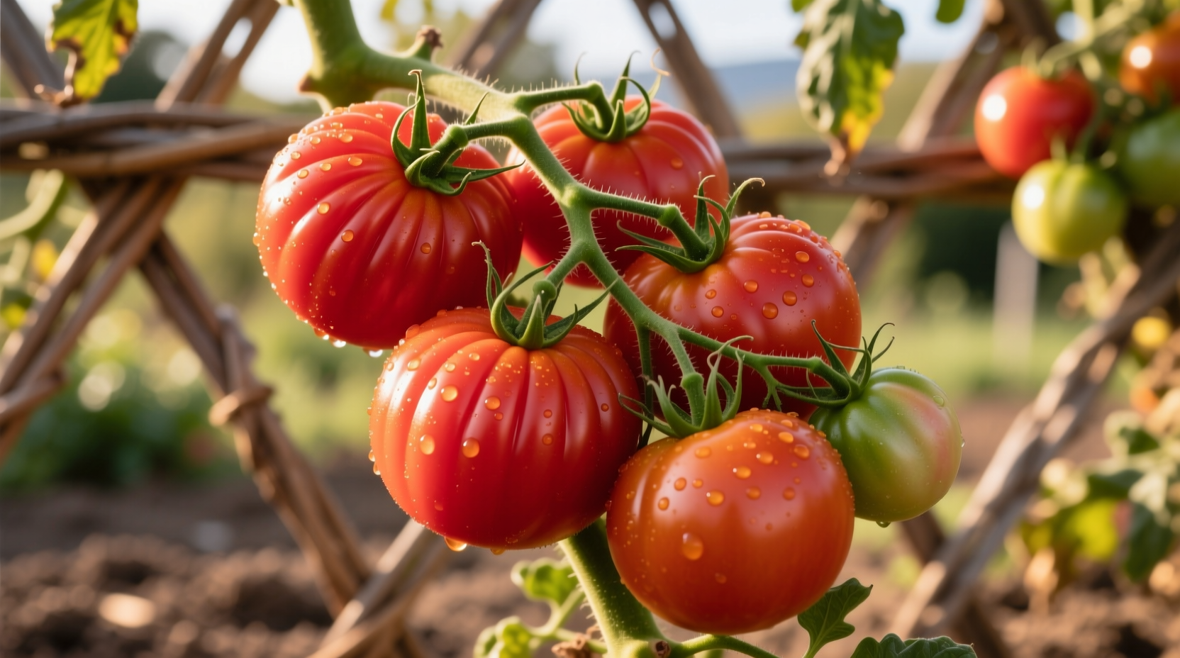 Ripe Marmande tomatoes on vine with characteristic ribbing