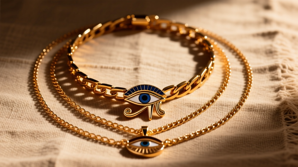 Stylized flat lay of an Eye of Horus necklace layered with a 16-inch box chain and a 24-inch pendant chain on textured linen
