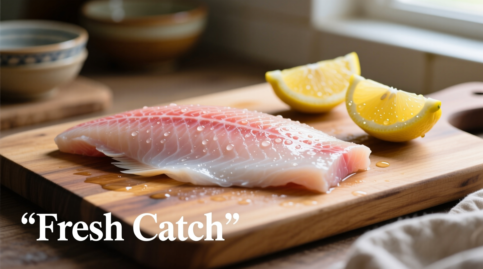 Fresh grouper fillet on cutting board with lemon wedges