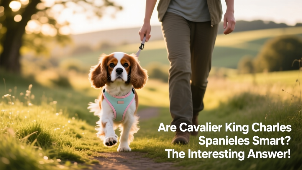 A Cavalier King Charles Spaniel wearing a soft harness, learning to walk politely beside its handler on a grassy path