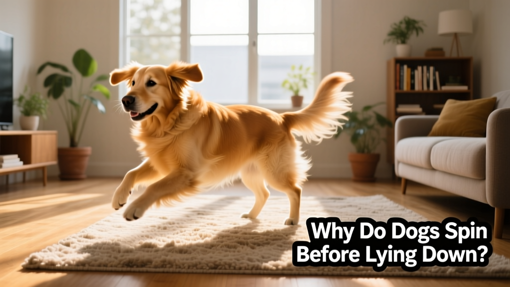 A golden retriever gently spinning in a sunlit living room before lying down on a soft rug