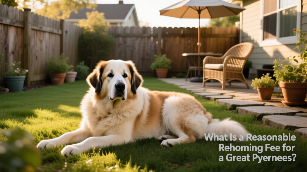 Great Pyrenees resting calmly in a sunlit backyard with a gentle expression