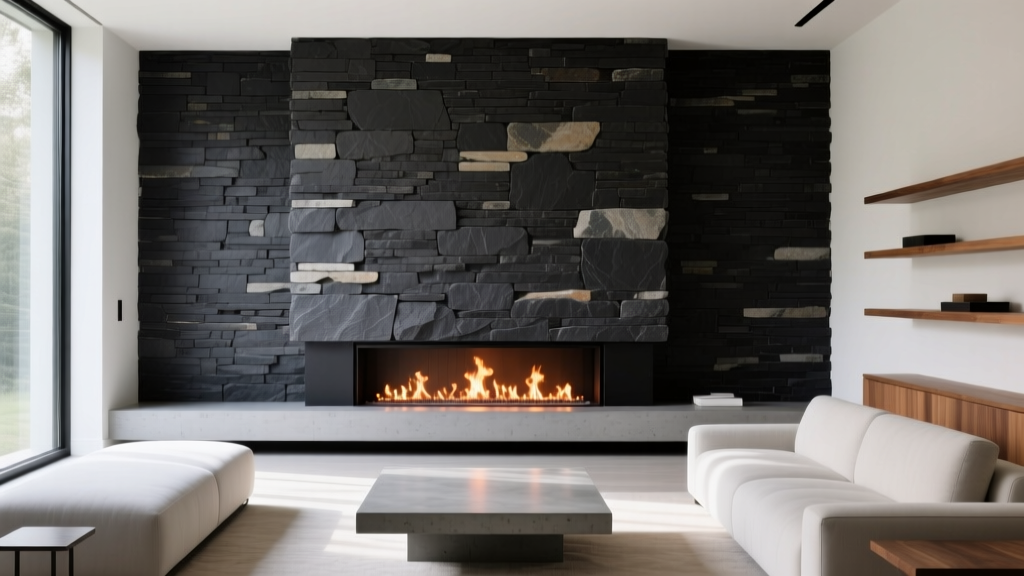 Luxurious living room featuring a floor-to-ceiling dark charcoal stacked stone veneer interior accent wall behind a modern linear gas fireplace