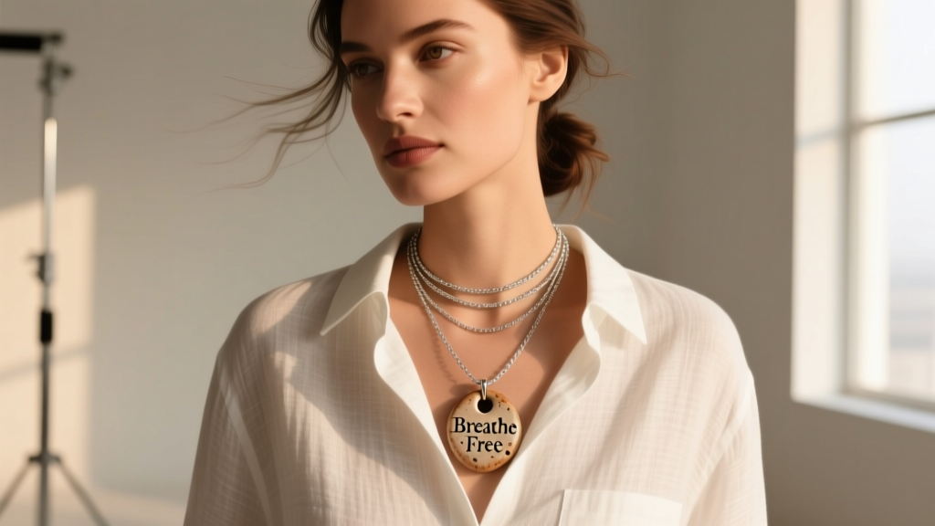Model wearing a layered necklace stack with a porous ceramic breathe free pendant over a crisp white linen button-down shirt.