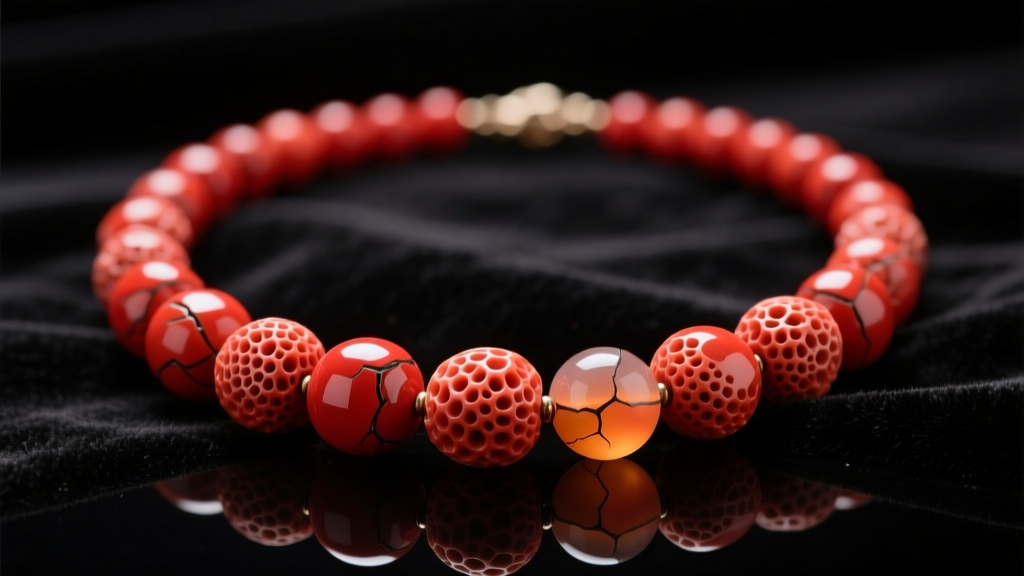 Macro photography of a vintage red coral necklace on dark velvet, highlighting natural striations and porous texture of the beads