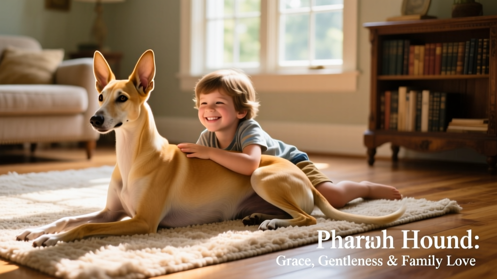 A happy, relaxed Pharaoh hound resting beside a child on a sunlit rug, illustrating gentle temperament and family compatibility